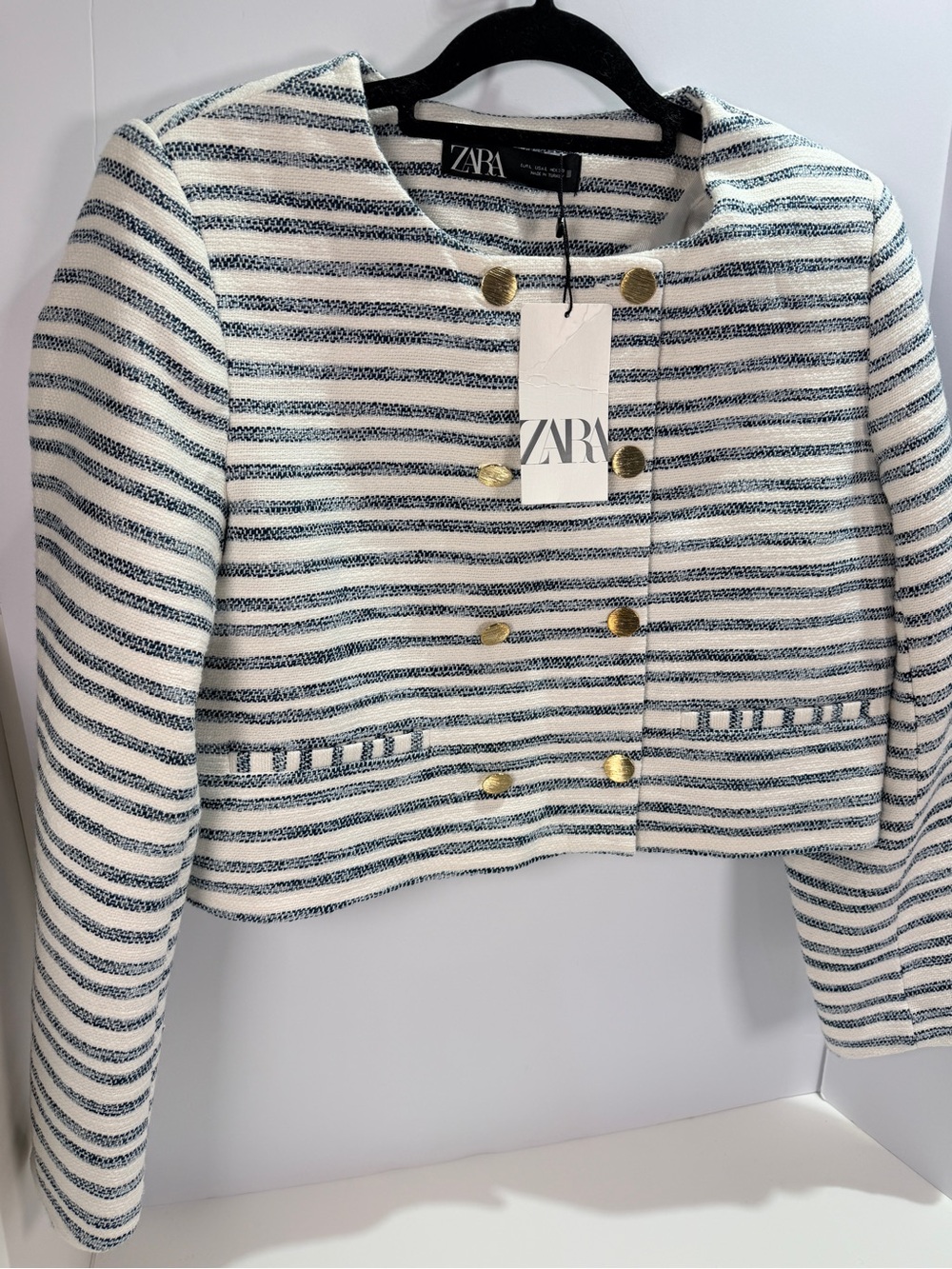 NWT Zara Striped Tweed Collarless Cropped Jacket Gold Buttons L